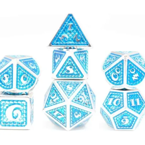 Galactic Dice Premium Dice Sets - Blue & Silver Metal Scales Set of 7 Dice with Tin