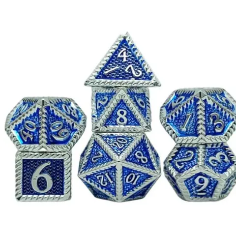 Galactic Dice Premium Dice Sets - Silver & Blue Textured Metal Set of 7 Dice with Tin