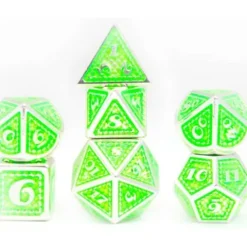 Galactic Dice Premium Dice Sets - Green & Silver Metal Scales Set of 7 Dice with Tin