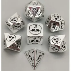 Galactic Dice Premium Dice Sets - Metal Silver Skull Set of 7 Dice with Tin