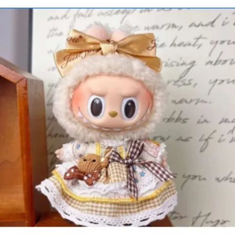 Labubu Bear-ey Nice to Meet You Dress and Bow Outfit (White) - Clothing for Labubu